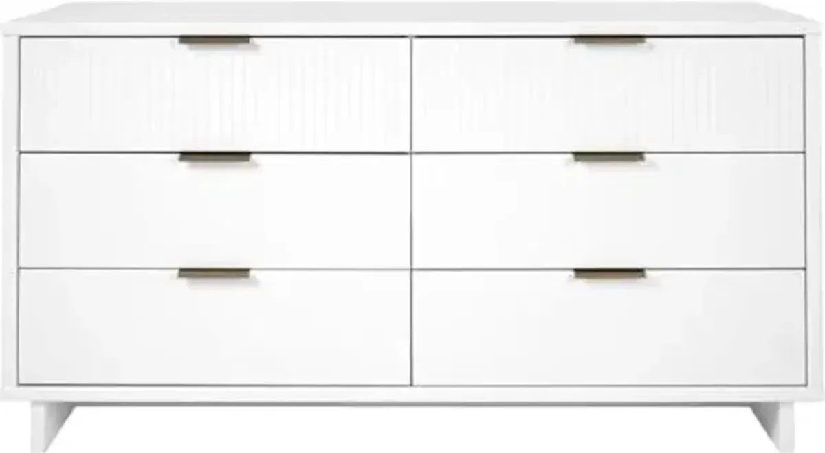 Manhattan Comfort Granville 55-Inch Extra Wide Solid Wood Dresser, 6 Full Extension Soft Close Drawers, Modern Fluted Double Dresser with Gold Handles, TV Stand for Bedroom, Living Room in White