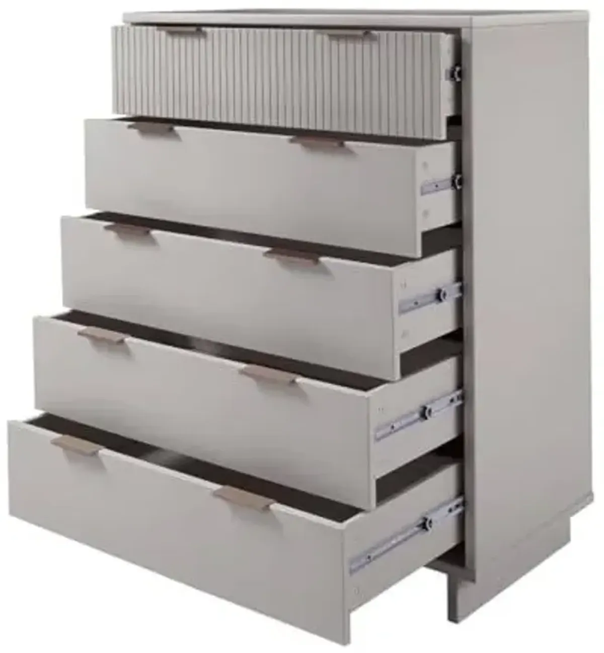 Manhattan Comfort Granville 50-Inch Modern Tall Dresser with 5 Full Extension Soft Close Drawers, Textured Ribbed Lines Design Made of Solid Wood with Gold Accent, TV Stand for Bedroom, Light Grey