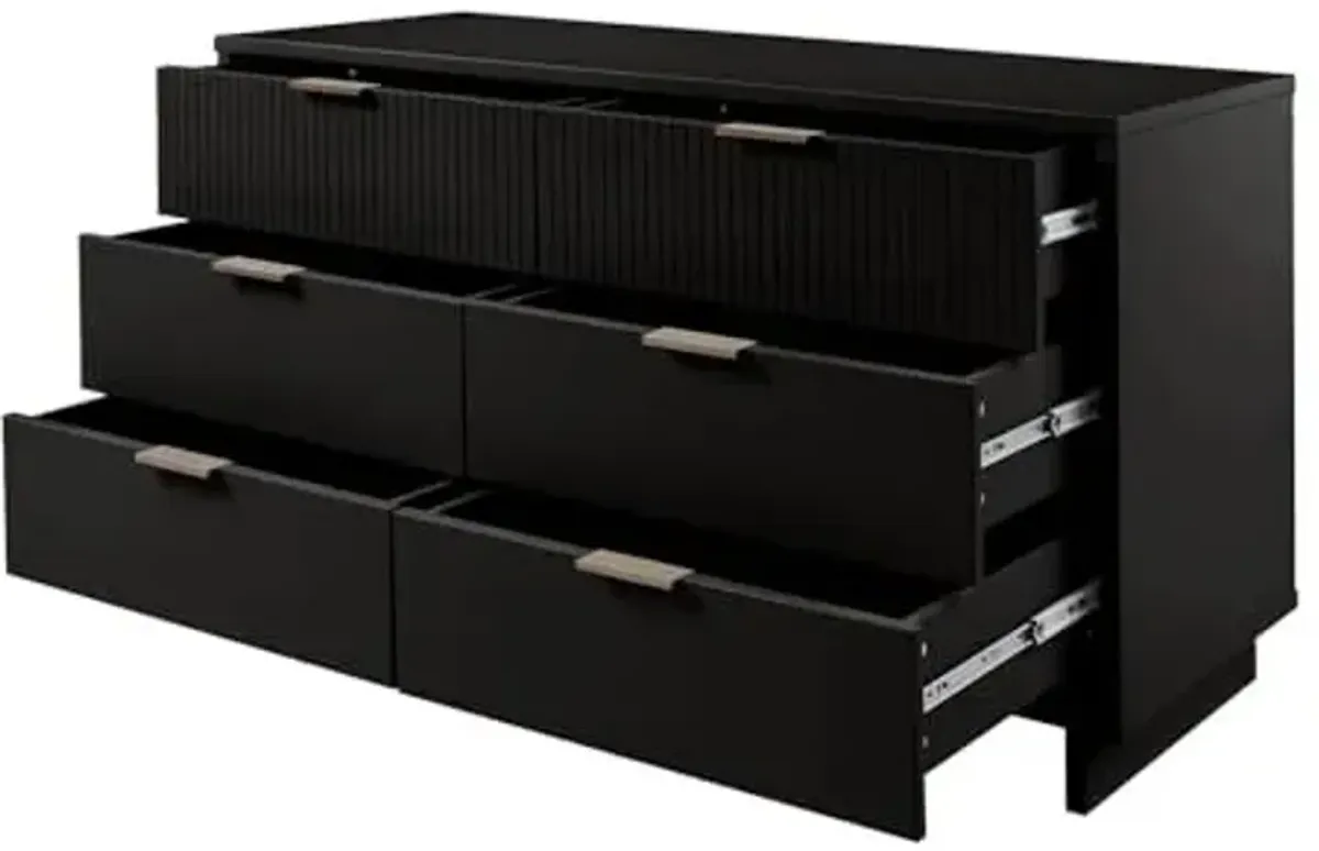 Manhattan Comfort Granville 55-Inch Extra Wide Solid Wood Dresser, 6 Full Extension Soft Close Drawers, Modern Fluted Double Dresser with Gold Handles, TV Stand for Bedroom, Living Room in Black