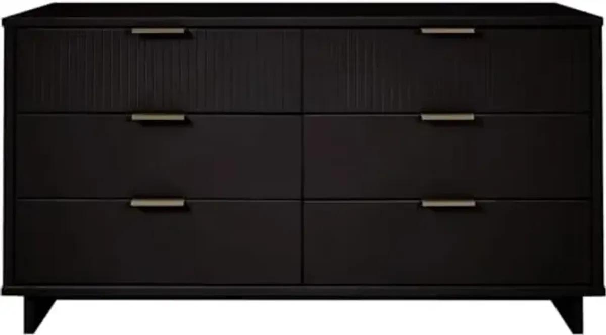 Manhattan Comfort Granville 55-Inch Extra Wide Solid Wood Dresser, 6 Full Extension Soft Close Drawers, Modern Fluted Double Dresser with Gold Handles, TV Stand for Bedroom, Living Room in Black