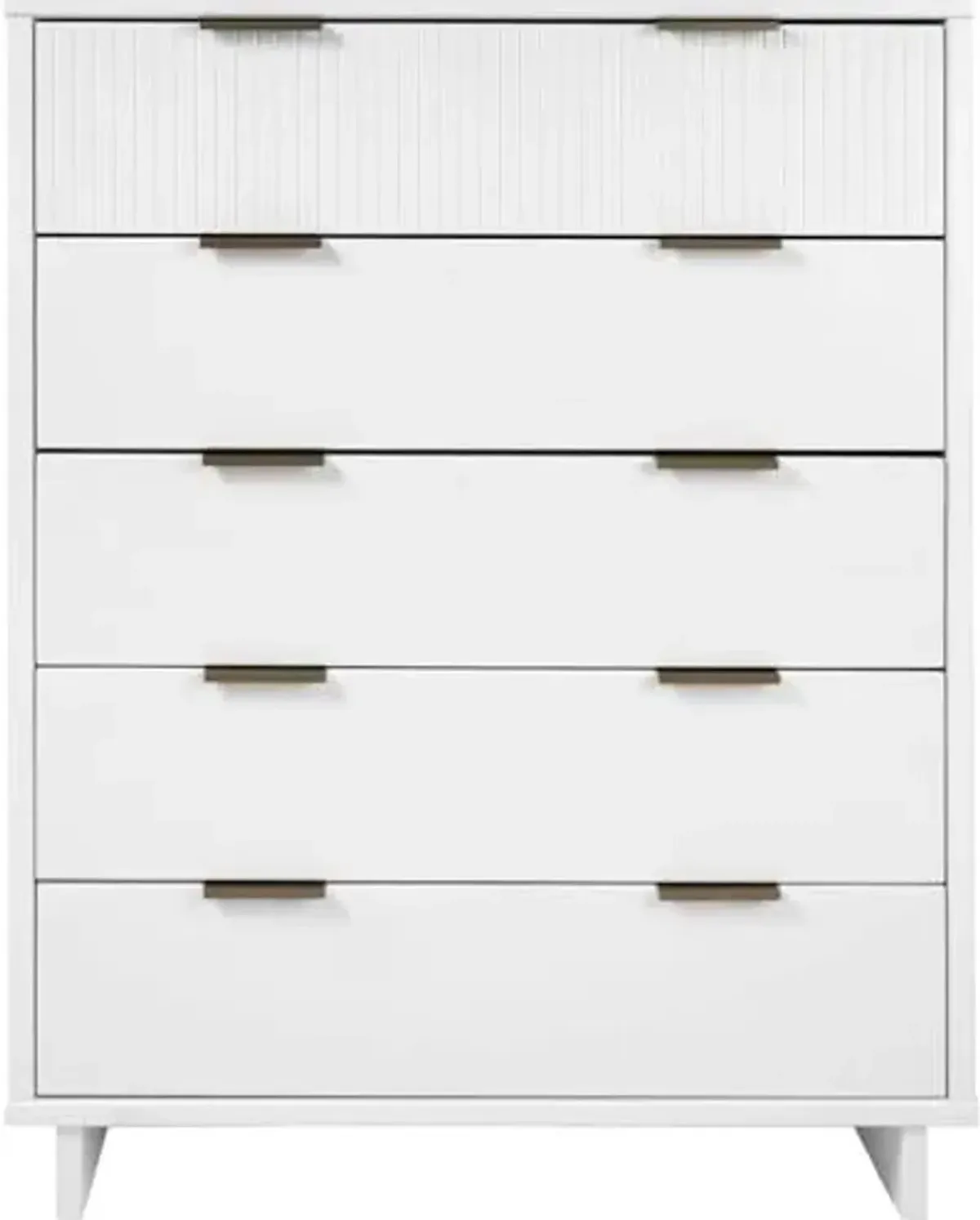 Manhattan Comfort Granville 50-Inch Modern Tall Dresser with 5 Full Extension Soft Close Drawers, Textured Ribbed Lines Design Made of Solid Wood with Gold Accent, TV Stand for Bedroom, White