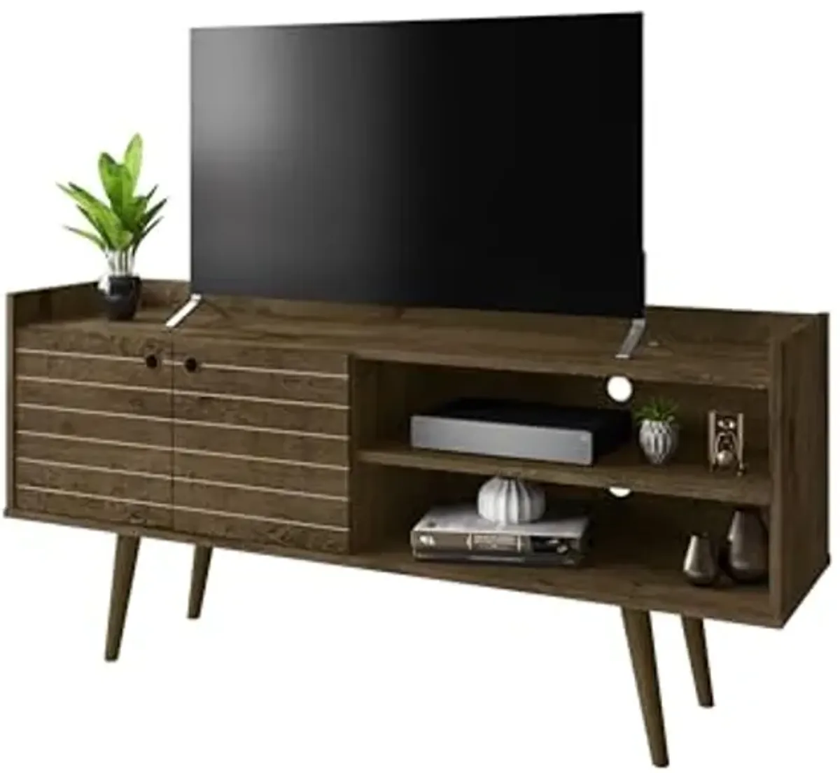 Manhattan Comfort 53.54" Mid-Century Modern TV Stand-Recommended for 46 to 50 Inch Screen-Entertainment Center with 2 Shelves, 1 Cabinet and 2 Media Holes Bogart, Rustic Brown