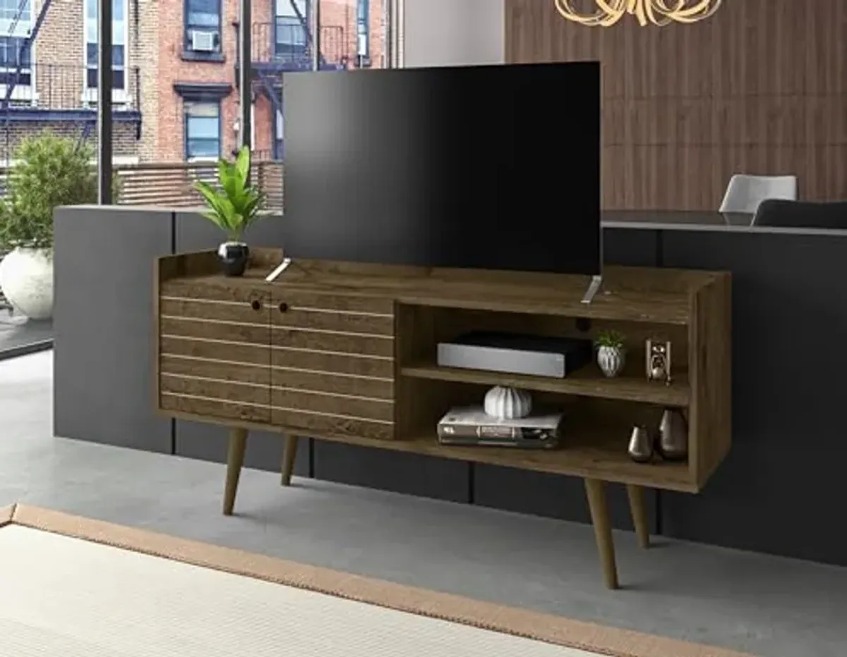 Manhattan Comfort 53.54" Mid-Century Modern TV Stand-Recommended for 46 to 50 Inch Screen-Entertainment Center with 2 Shelves, 1 Cabinet and 2 Media Holes Bogart, Rustic Brown