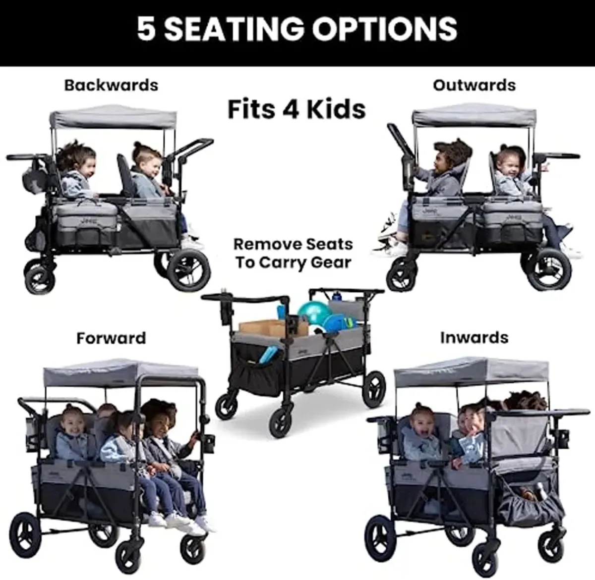 Jeep Wrangler Deluxe 4 Seater Stroller Wagon by Delta Children - Premium Quad Stroller Wagon for 4 Kids with Convertible Seats, Adjustable Push/Pull Handles, Removable Canopy & Flat Fold, Grey