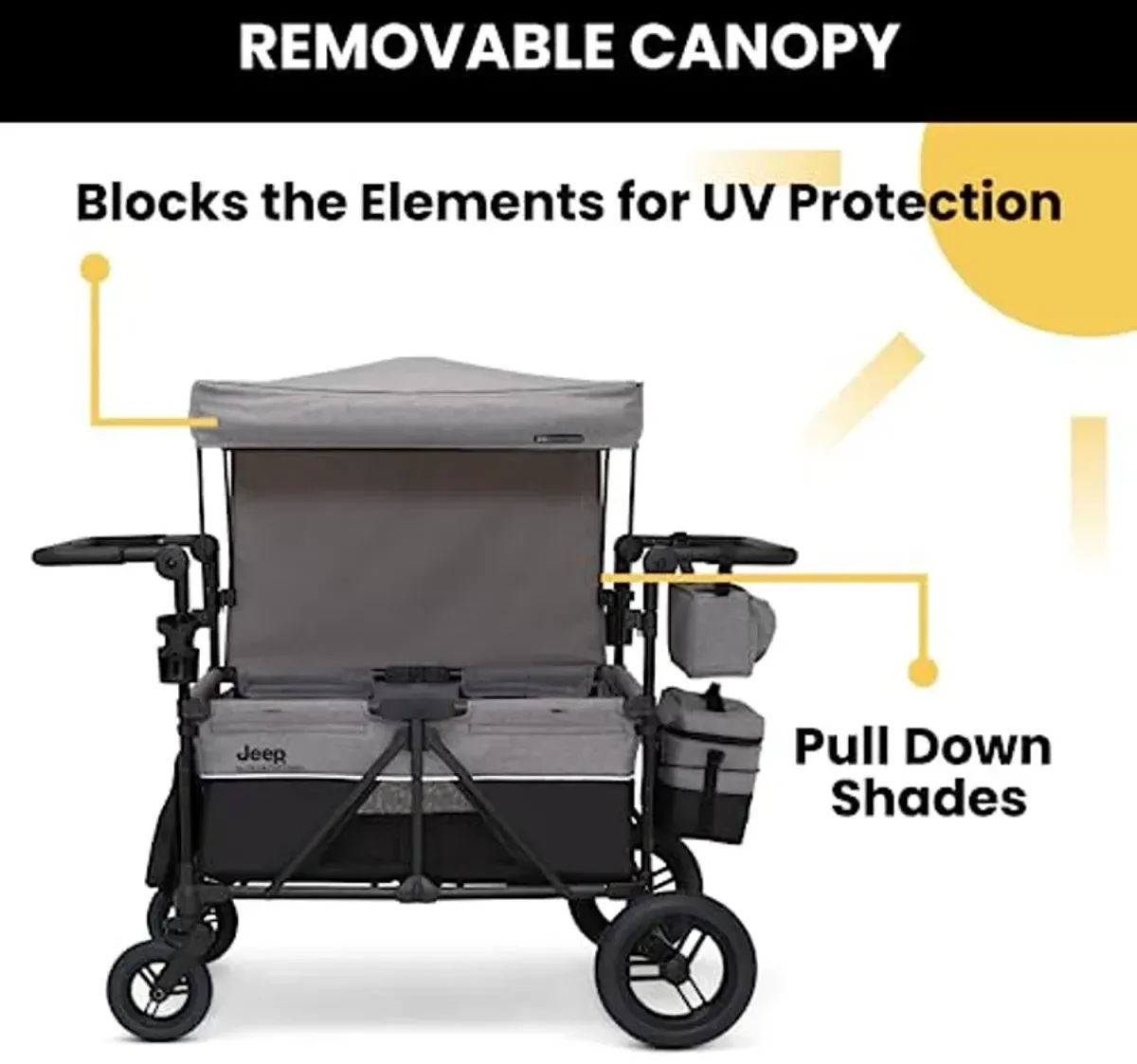 Jeep Wrangler Deluxe 4 Seater Stroller Wagon by Delta Children - Premium Quad Stroller Wagon for 4 Kids with Convertible Seats, Adjustable Push/Pull Handles, Removable Canopy & Flat Fold, Grey