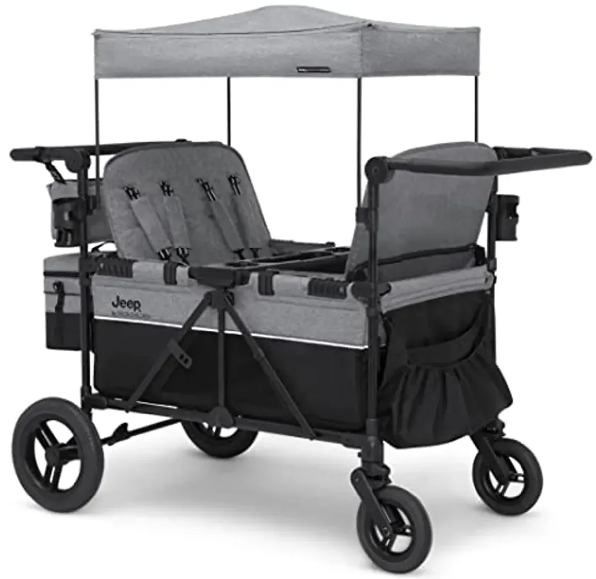 Jeep Wrangler Deluxe 4 Seater Stroller Wagon by Delta Children - Premium Quad Stroller Wagon for 4 Kids with Convertible Seats, Adjustable Push/Pull Handles, Removable Canopy & Flat Fold, Grey