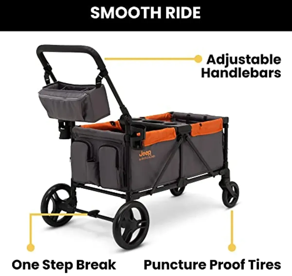 Jeep Sport All-Terrain Stroller Wagon by Delta Children - Includes Canopy, Parent Organizer, Adjustable Handlebar, Snack Tray & Cup Holders, Grey/Bonfire