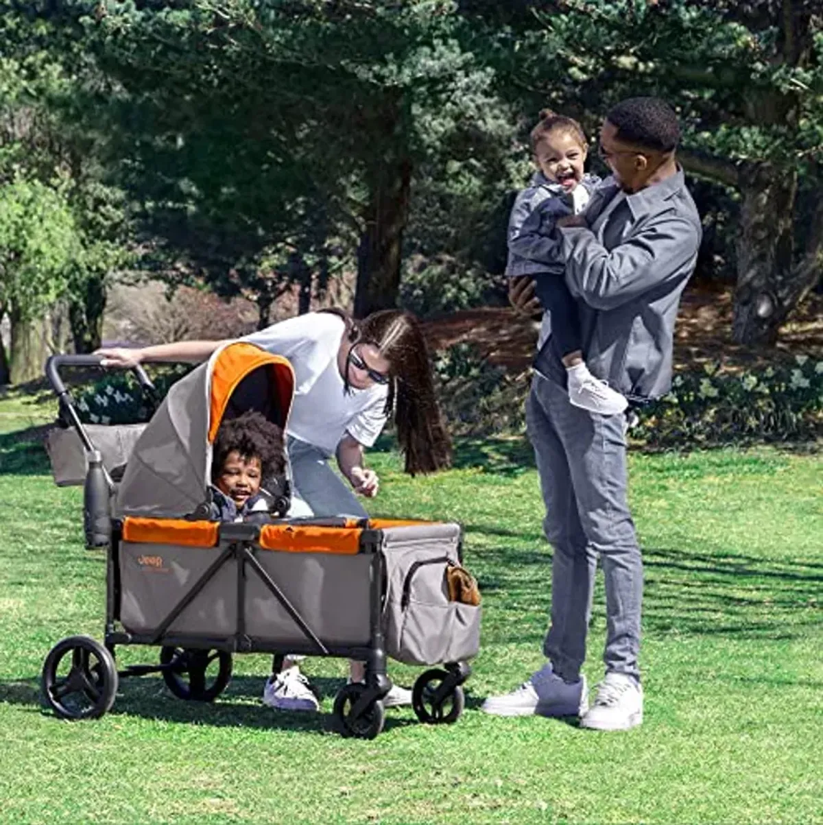 Jeep Sport All-Terrain Stroller Wagon by Delta Children - Includes Canopy, Parent Organizer, Adjustable Handlebar, Snack Tray & Cup Holders, Grey/Bonfire