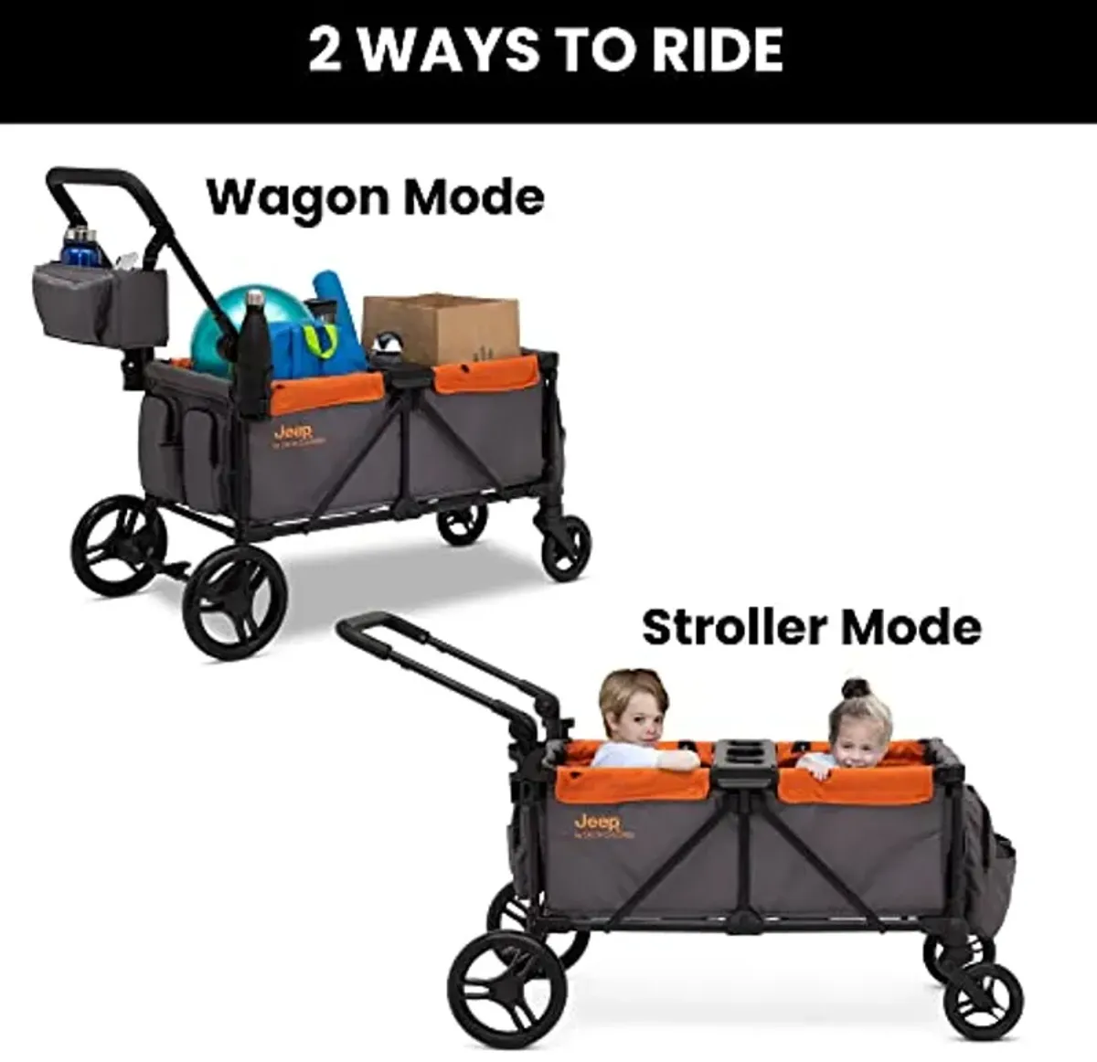 Jeep Sport All-Terrain Stroller Wagon by Delta Children - Includes Canopy, Parent Organizer, Adjustable Handlebar, Snack Tray & Cup Holders, Grey/Bonfire