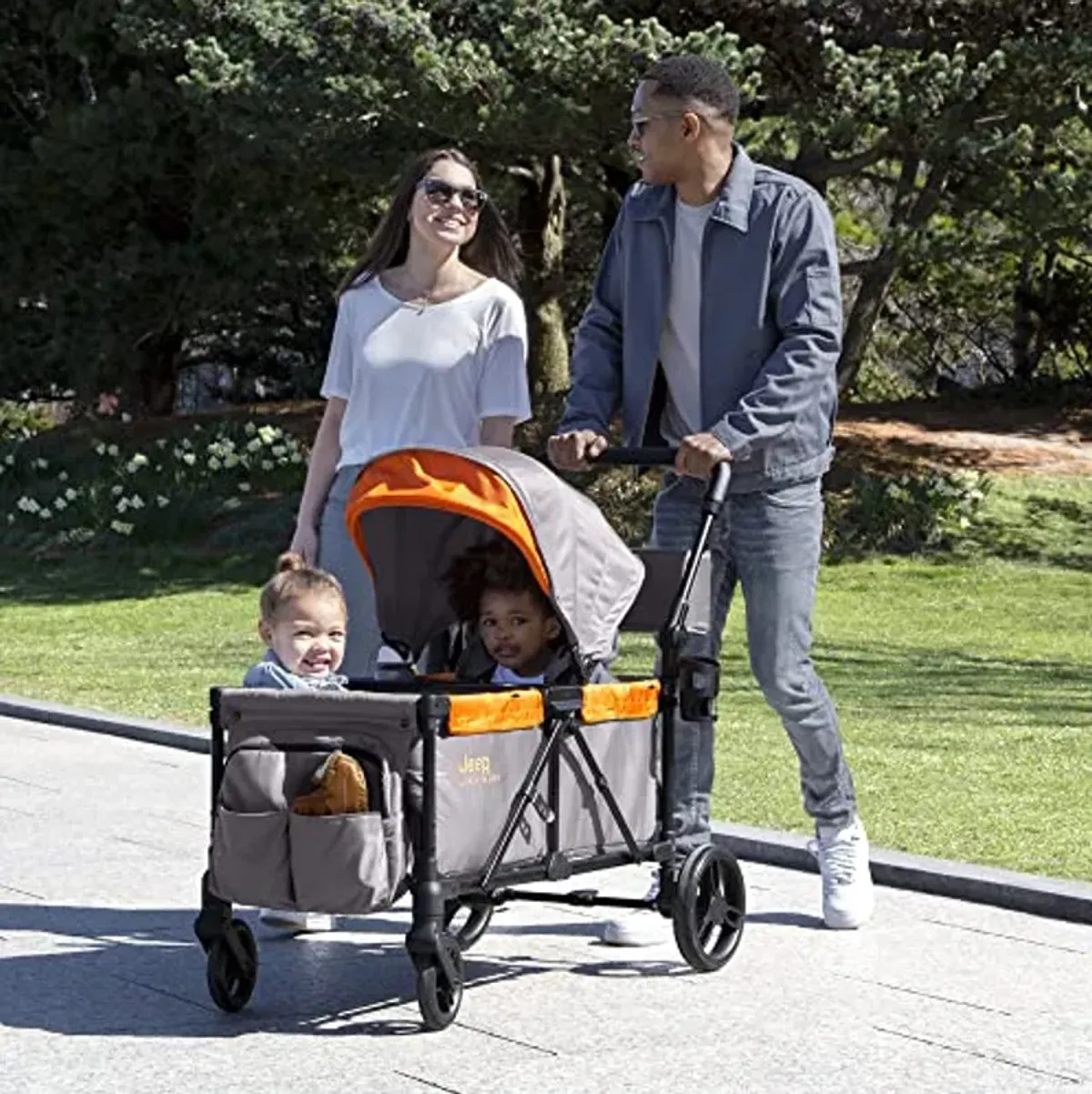 Jeep Sport All-Terrain Stroller Wagon by Delta Children - Includes Canopy, Parent Organizer, Adjustable Handlebar, Snack Tray & Cup Holders, Grey/Bonfire