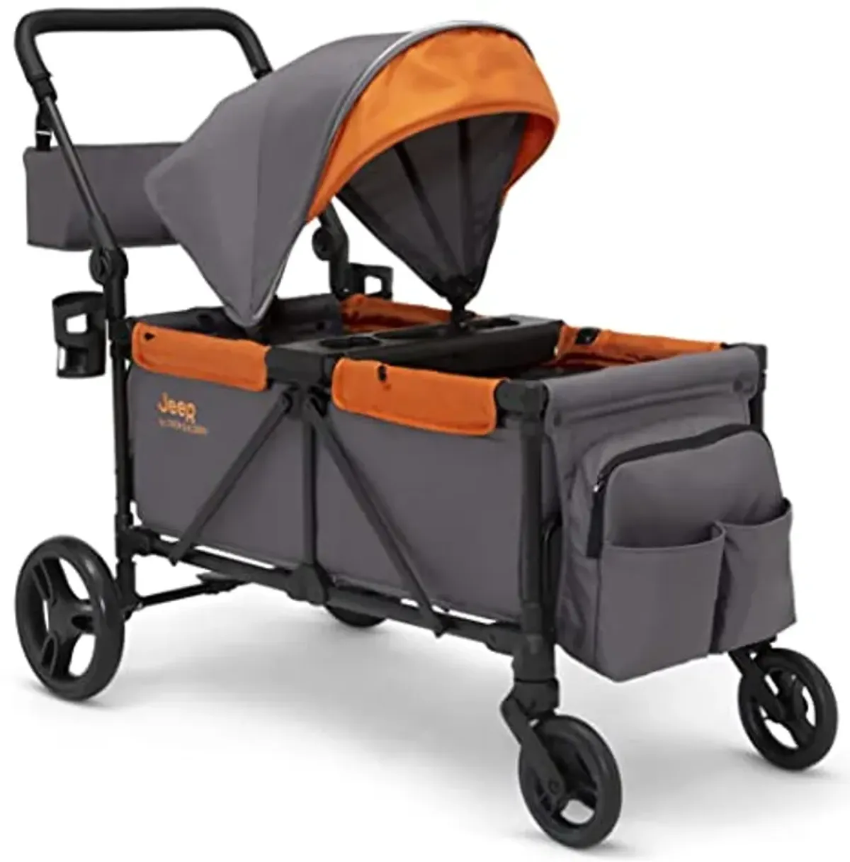 Jeep Sport All-Terrain Stroller Wagon by Delta Children - Includes Canopy, Parent Organizer, Adjustable Handlebar, Snack Tray & Cup Holders, Grey/Bonfire