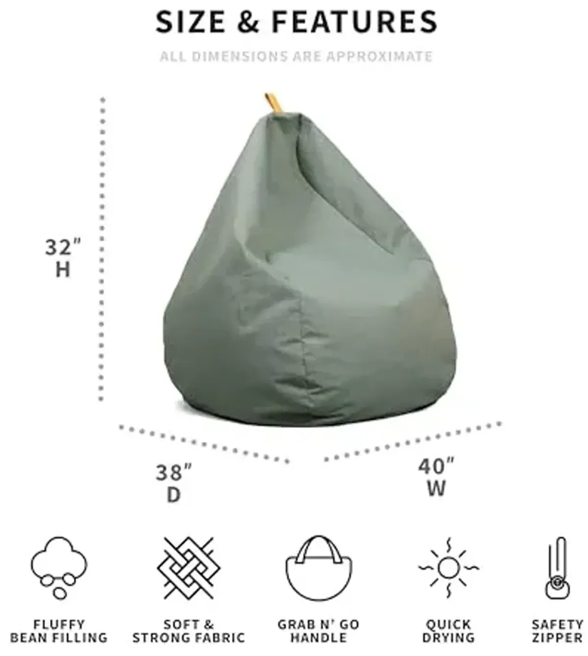 Big Joe Tuft Weatherproof Bean Bag Chair, Sage Intertwist, Weather Resistant UV-Protected Fabric, 3 feet Teardrop