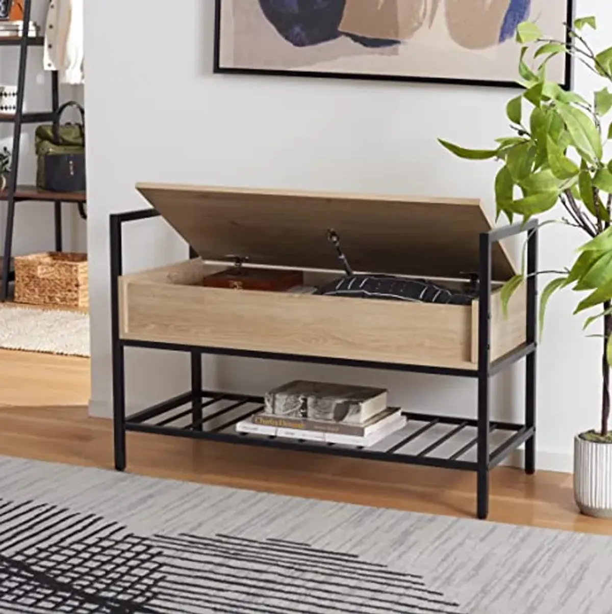 SAFAVIEH Home Collection Rhonwen Sand/Black Storage Bench