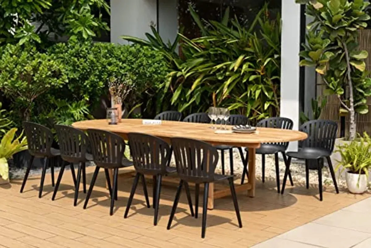 Amazonia | Certified Teak | Ideal for Patio and Outdoors | Black Aluminum Chairs Chiche 11-Piece Oval Extendable Dining Set, Brown