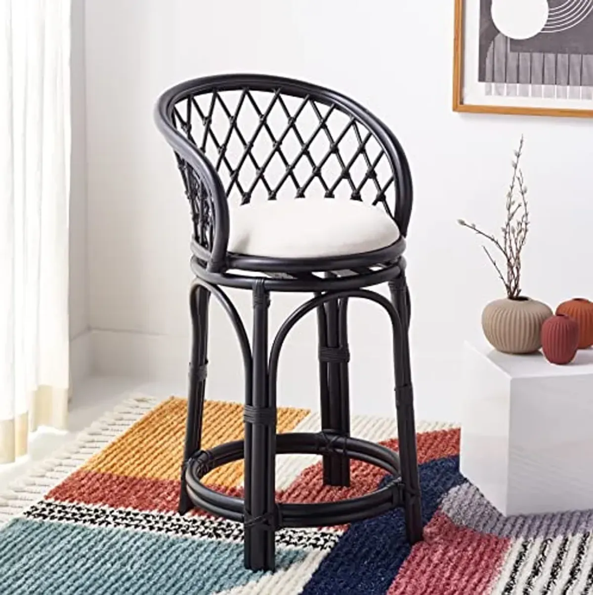 Safavieh Home Collection Tura Black/White Solid Wood Rattan 25-inch Counter Stool with Cushion