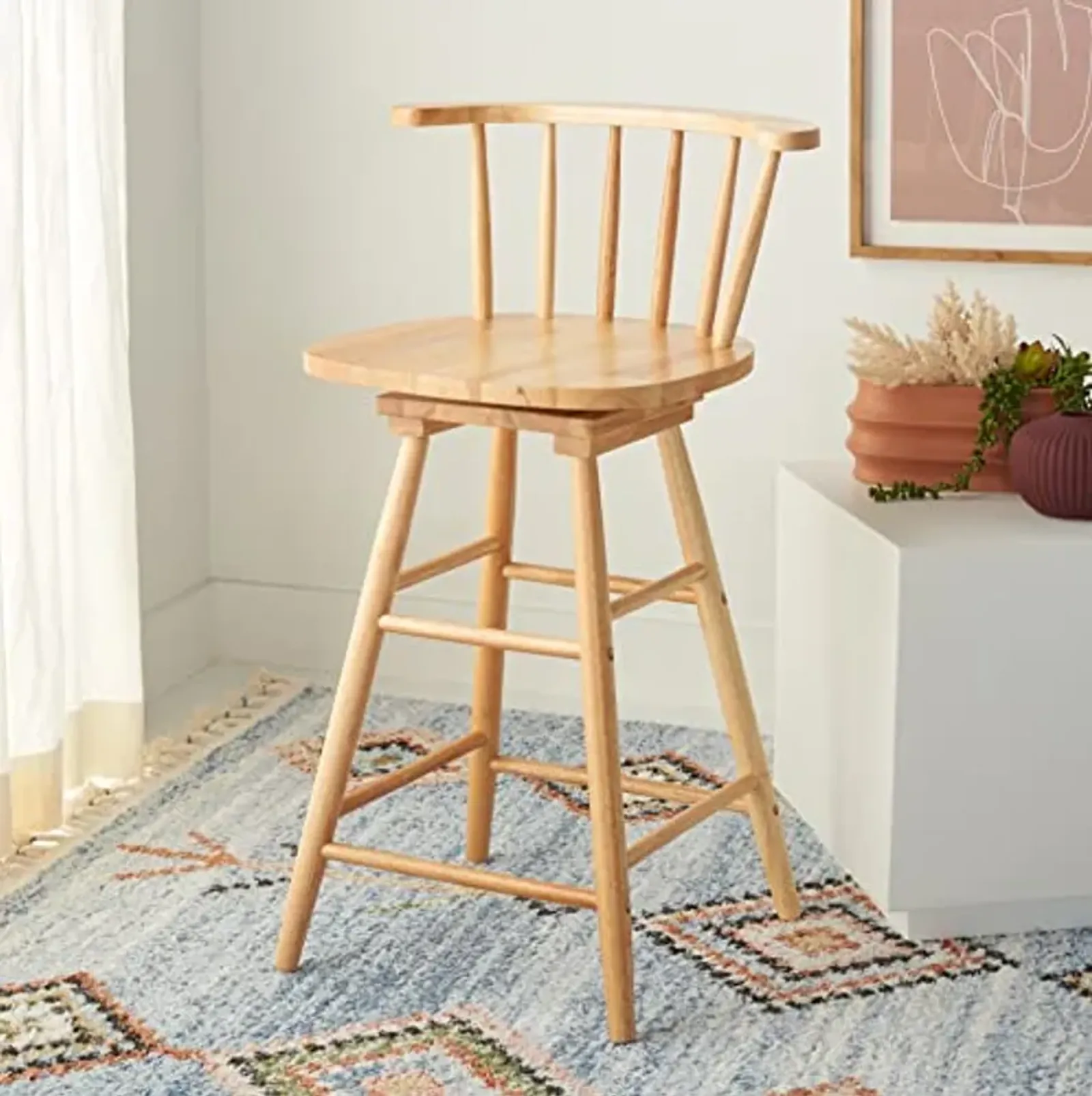 Safavieh Home Collection Ray Farmhouse Natural Spindle Solid Wood 25-inch Swivel Counter Stool