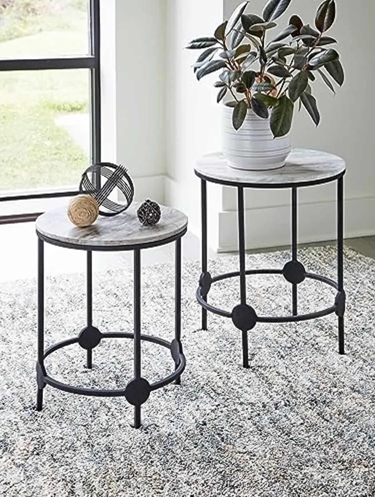 Signature Design by Ashley Beashaw Casual Accent Table with Marble Top Set, 2 Count, Black & Gray