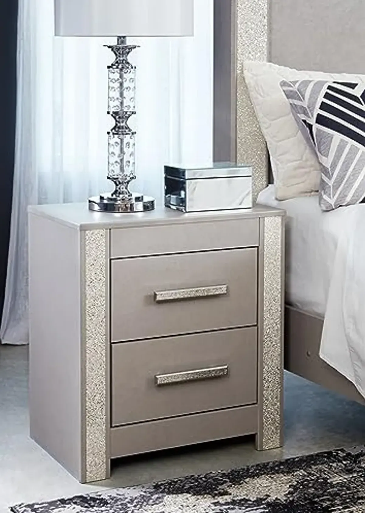 Signature Design by Ashley Surancha Glam Glitter 2 Drawer Night Stand with USB Charging Port, Gray