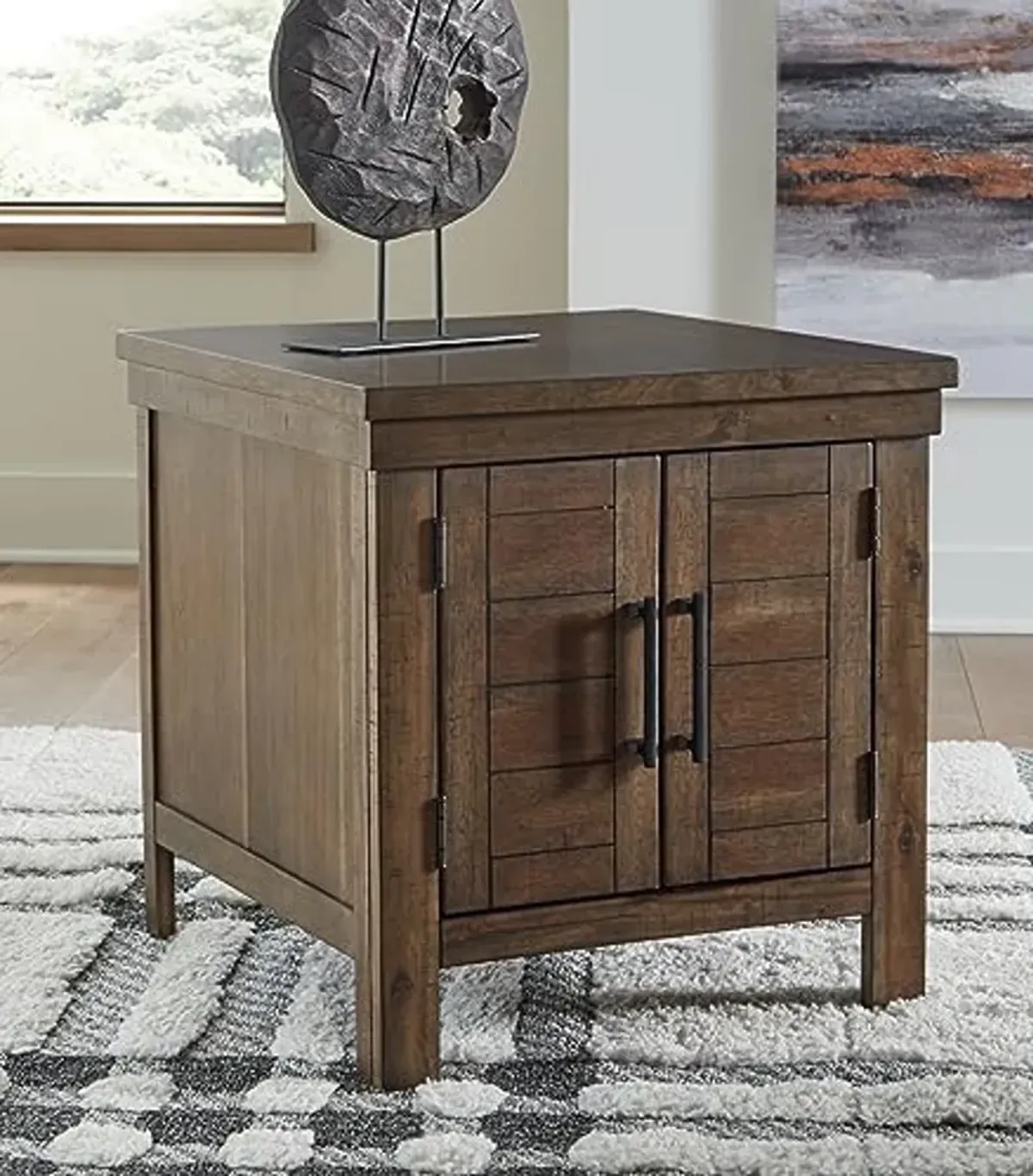 Signature Design by Ashley Moriville Rustic Farmhouse End Table with Dual Cabinet Doors, Brown