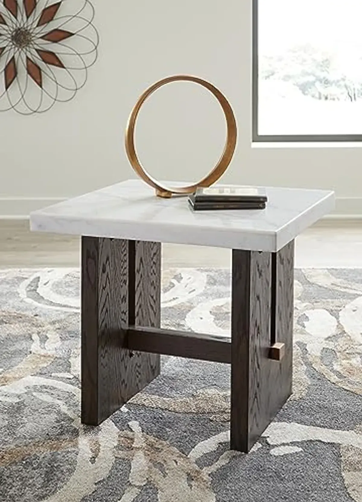 Signature Design by Ashley Burkhaus Traditional End Table with Marble Tabletop, Dark Brown & White