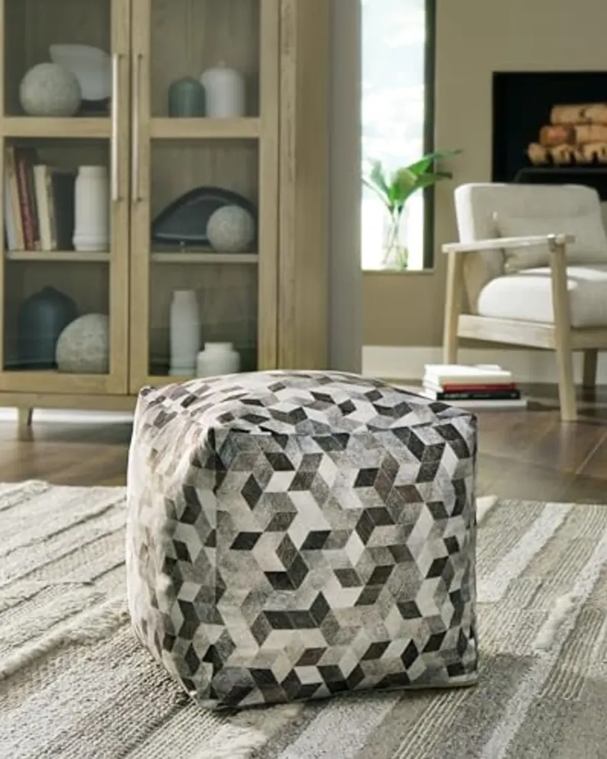 Signature Design by Ashley Albermarle Casual Geometric Patterned Pouf 18 x 18 Inches, Gray & Dark Brown