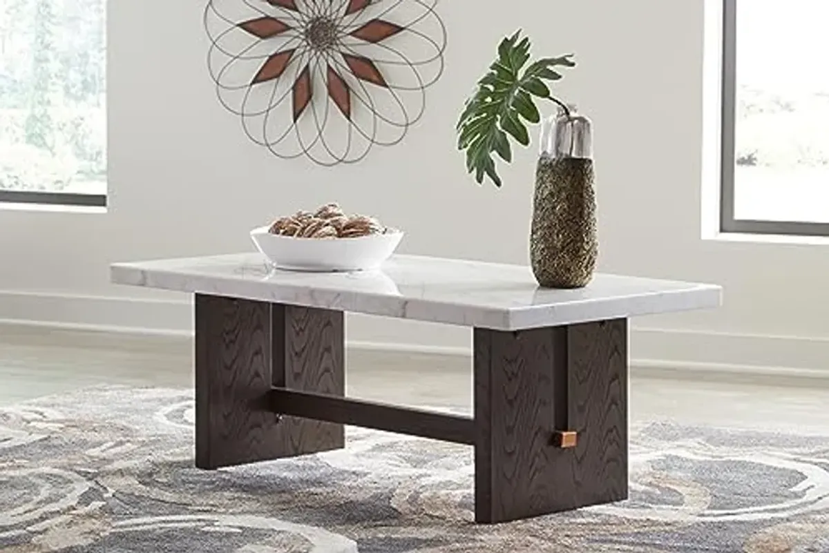 Signature Design by Ashley Burkhaus Traditional Rectangular Coffee Table with Marble Tabletop, Dark Brown & White