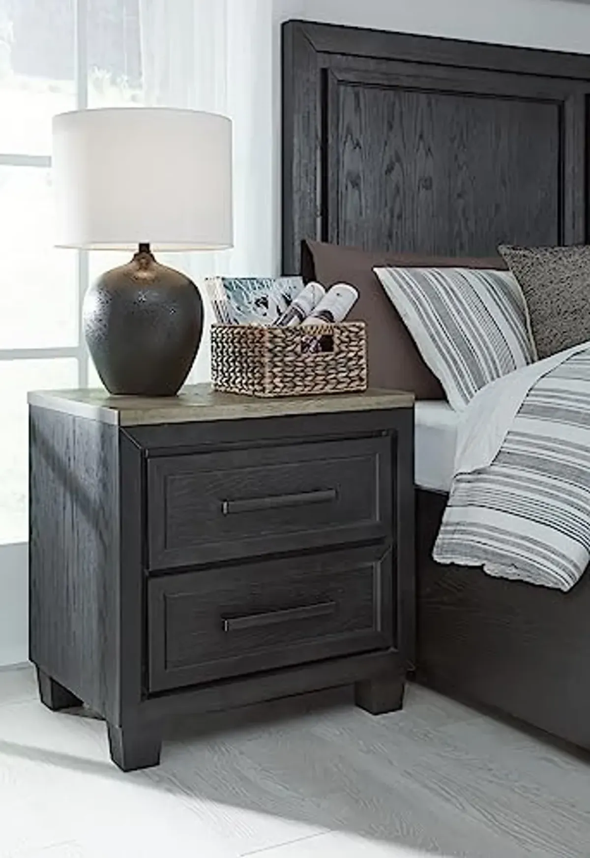 Signature Design by Ashley Foyland Modern Nightstand with 2 Drawers and USB Ports, 26.88" Tall, Dark Brown