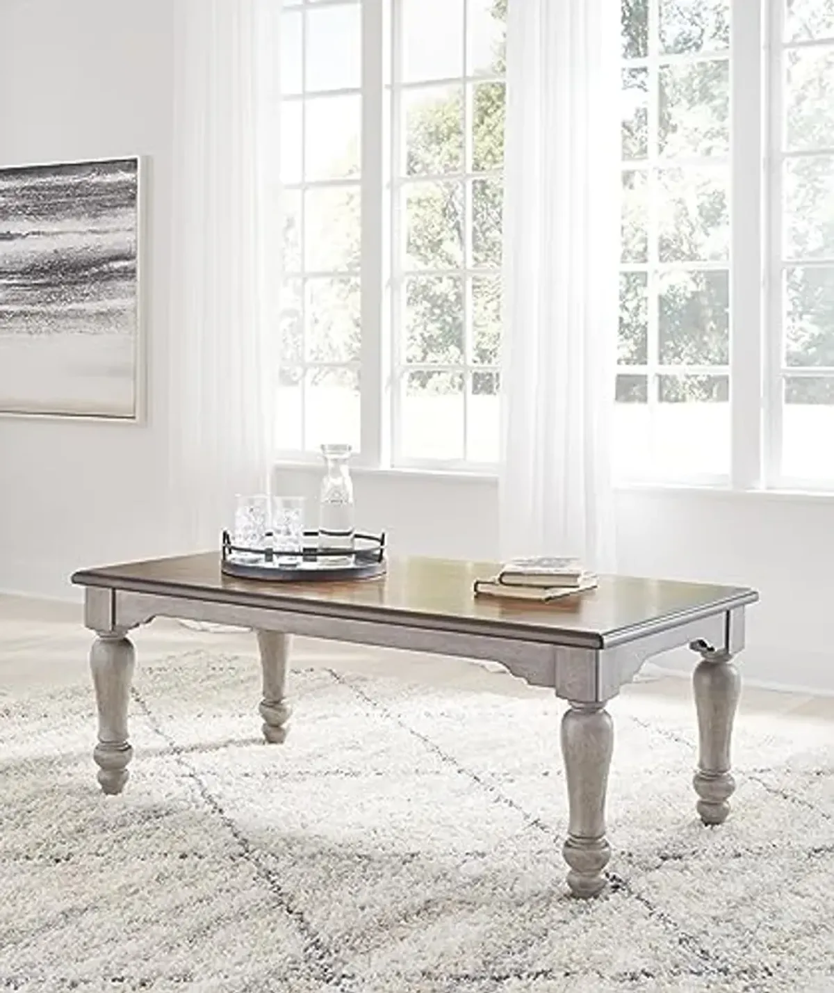 Signature Design by Ashley Lodenbay Classic Farmhouse Coffee Table with Turned Legs, 28" D x 52.13" W x 20.13" H, Antique Gray & Brown