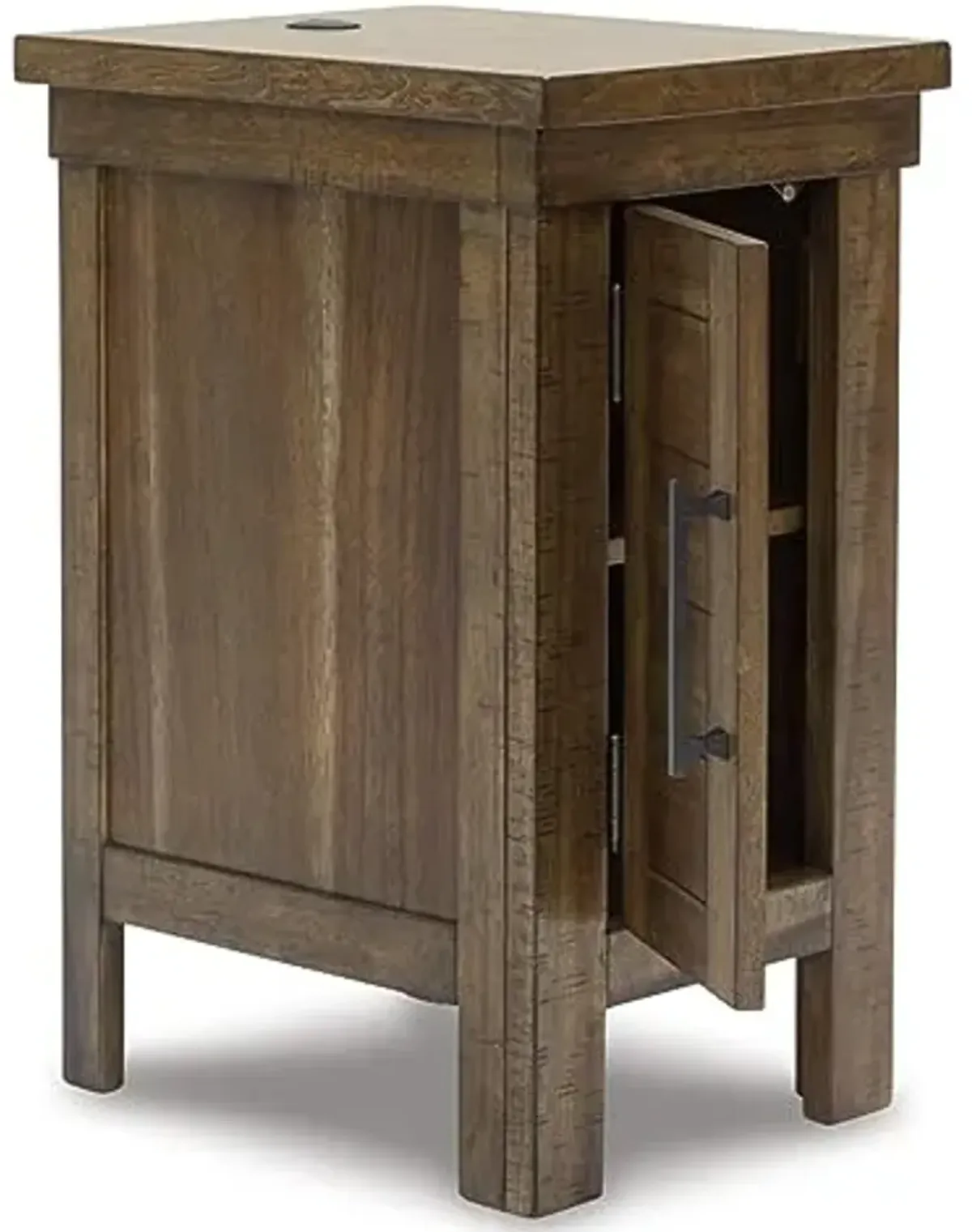 Signature Design by Ashley Moriville Rustic Farmhouse End Table with 1 Cabinet Door and USB Ports, Brown