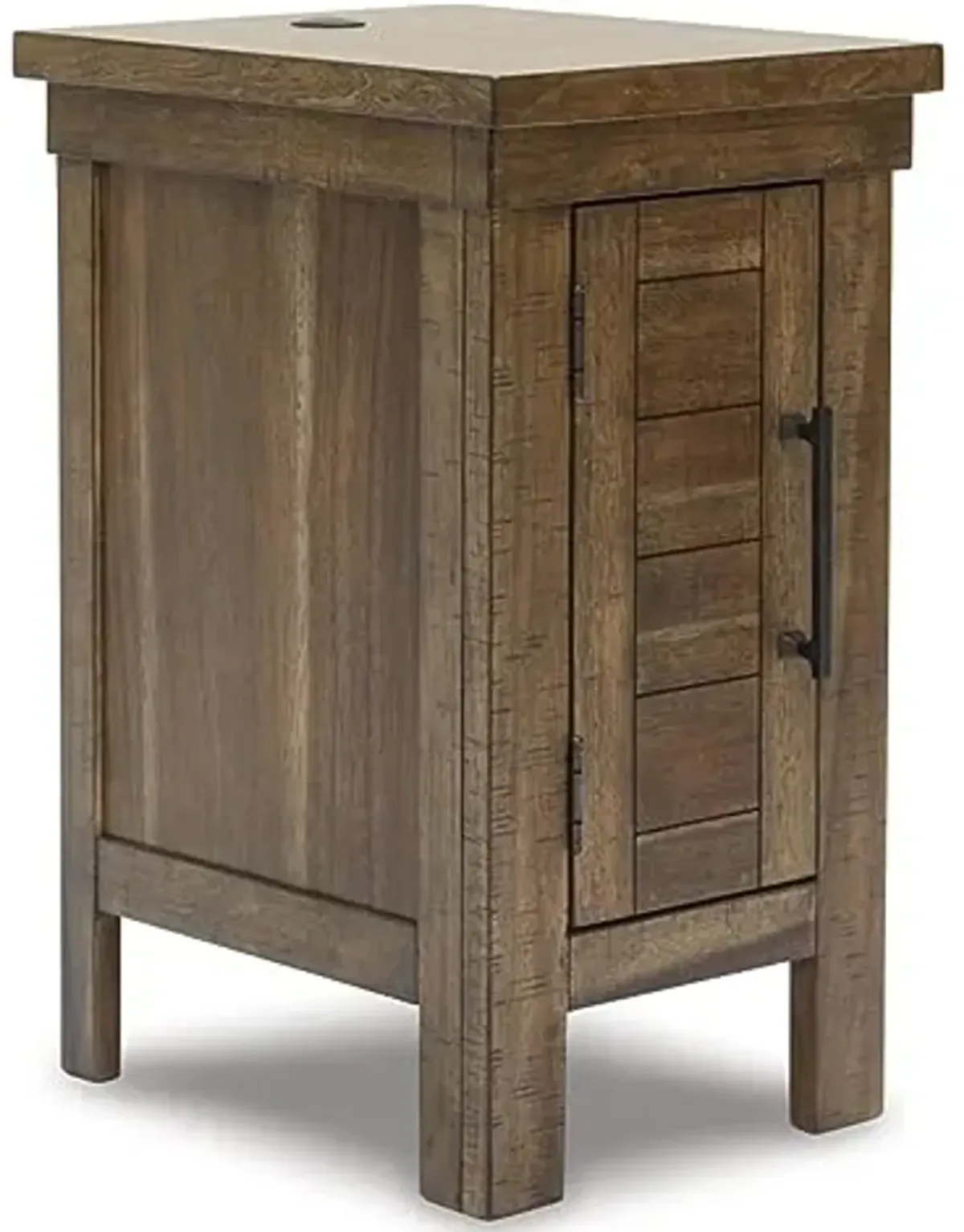 Signature Design by Ashley Moriville Rustic Farmhouse End Table with 1 Cabinet Door and USB Ports, Brown