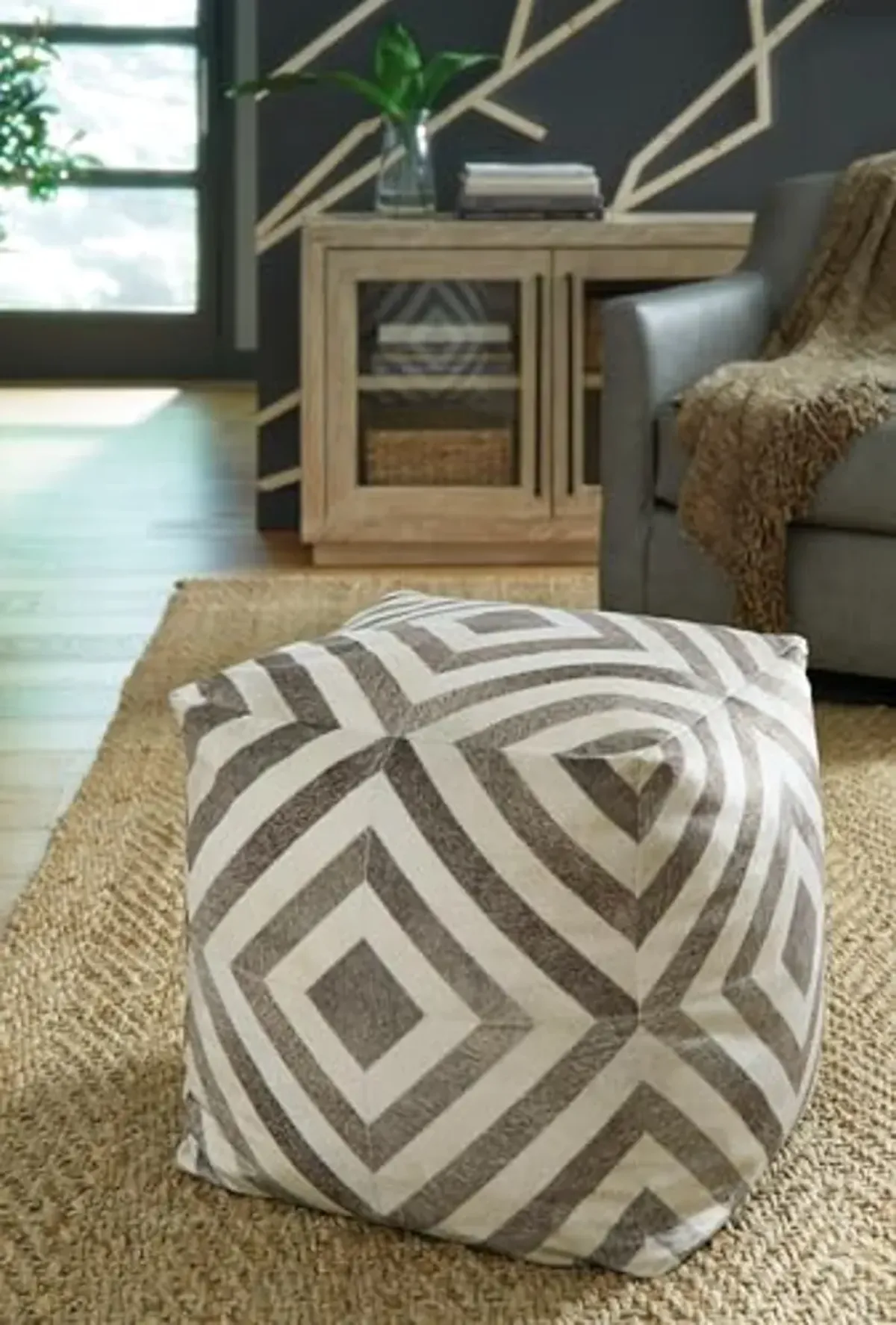 Signature Design by Ashley Hartselle Casual Geometric Patterned Pouf 18 x 18 Inches, Beige & Light Brown