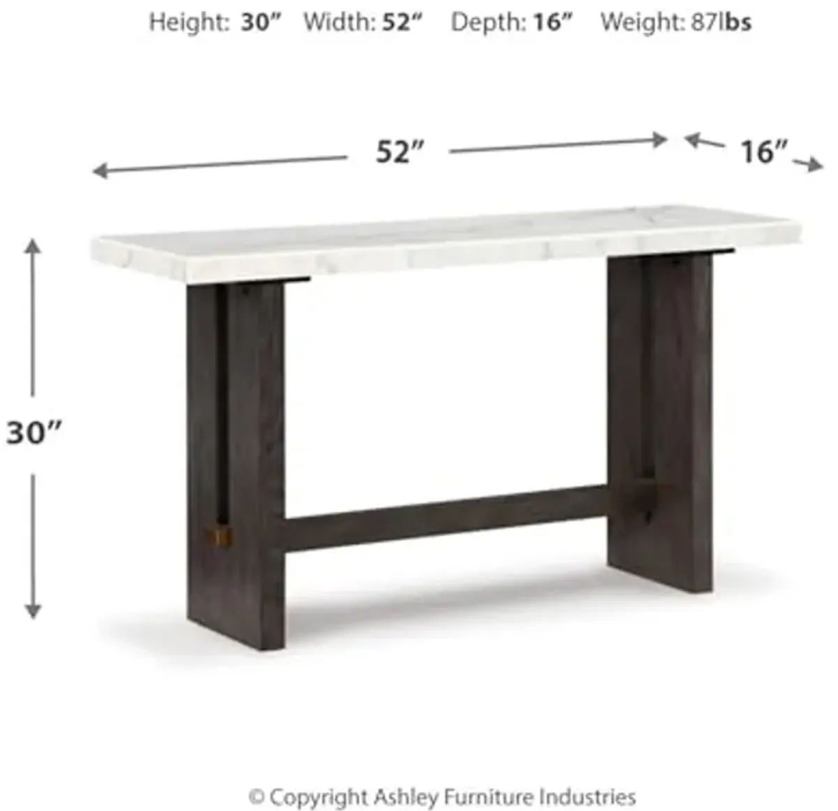 Signature Design by Ashley Burkhaus Traditional Rectangular Sofa Table with Marble Tabletop, Dark Brown & White