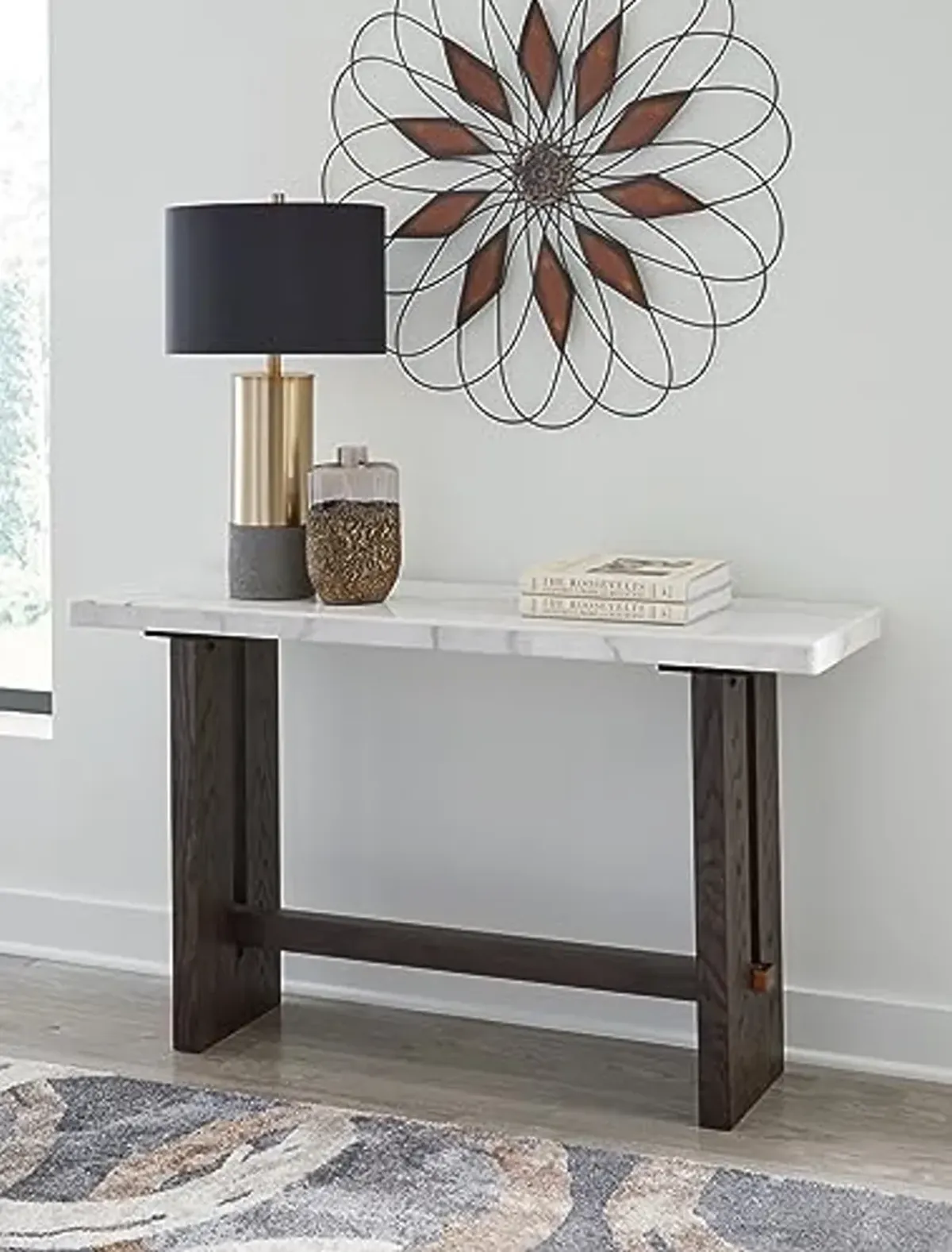 Signature Design by Ashley Burkhaus Traditional Rectangular Sofa Table with Marble Tabletop, Dark Brown & White