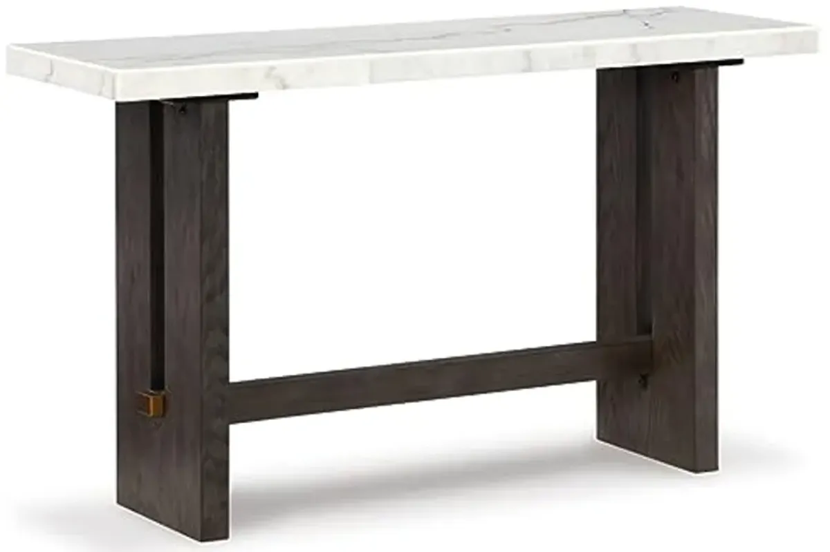 Signature Design by Ashley Burkhaus Traditional Rectangular Sofa Table with Marble Tabletop, Dark Brown & White