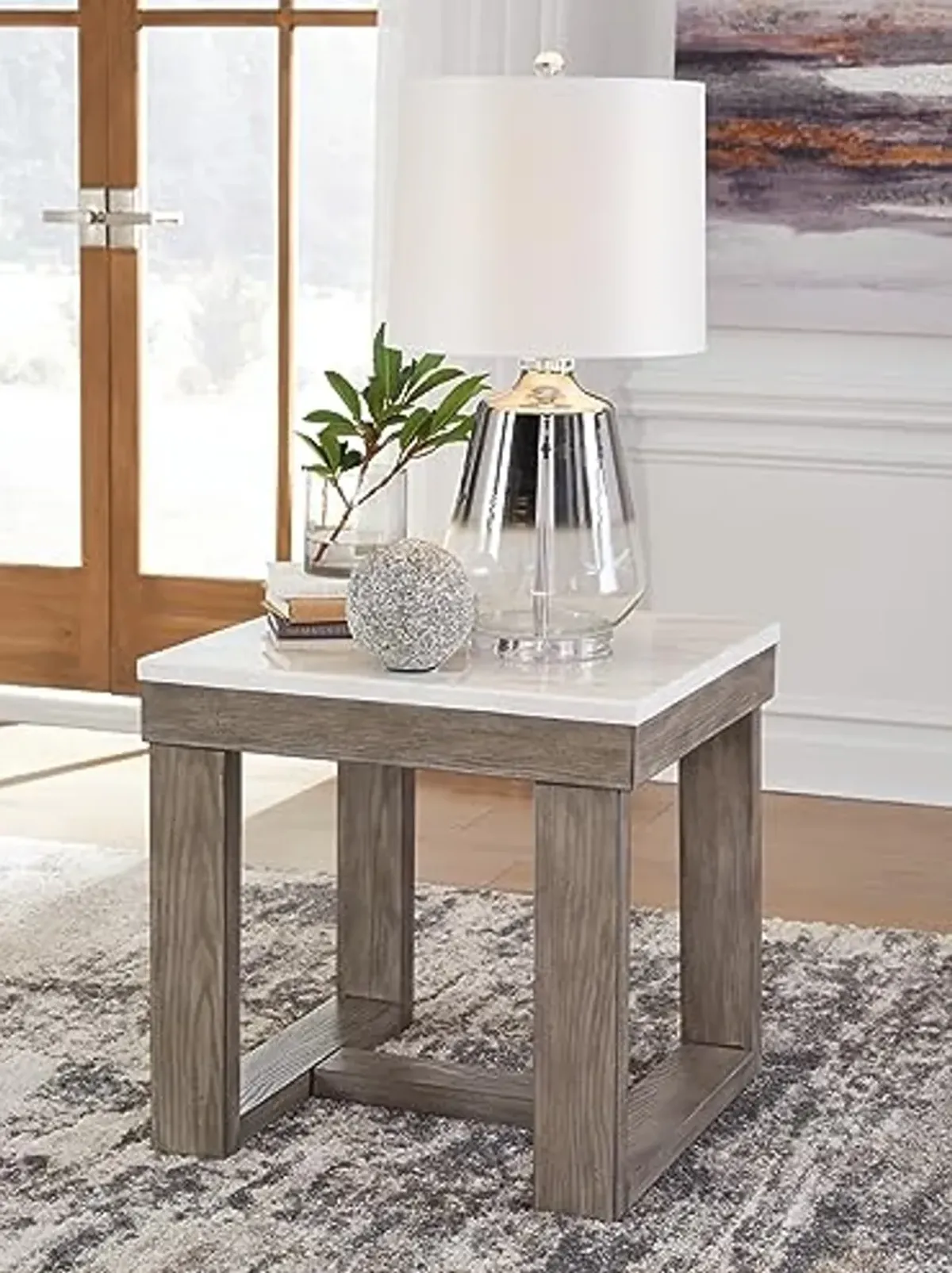 Signature Design by Ashley Loyaska Casual End Table with White Marble Top, Light Brown & White Marble