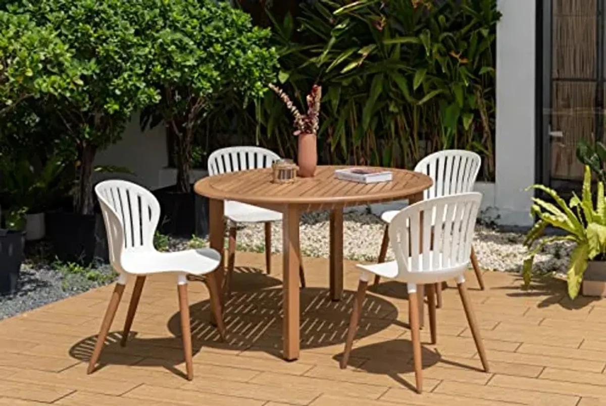 Brampton | Ideal for Patio and Outdoors, White Chairs Volterra 5-Piece Round Dining Set | Teak Finish, Brown