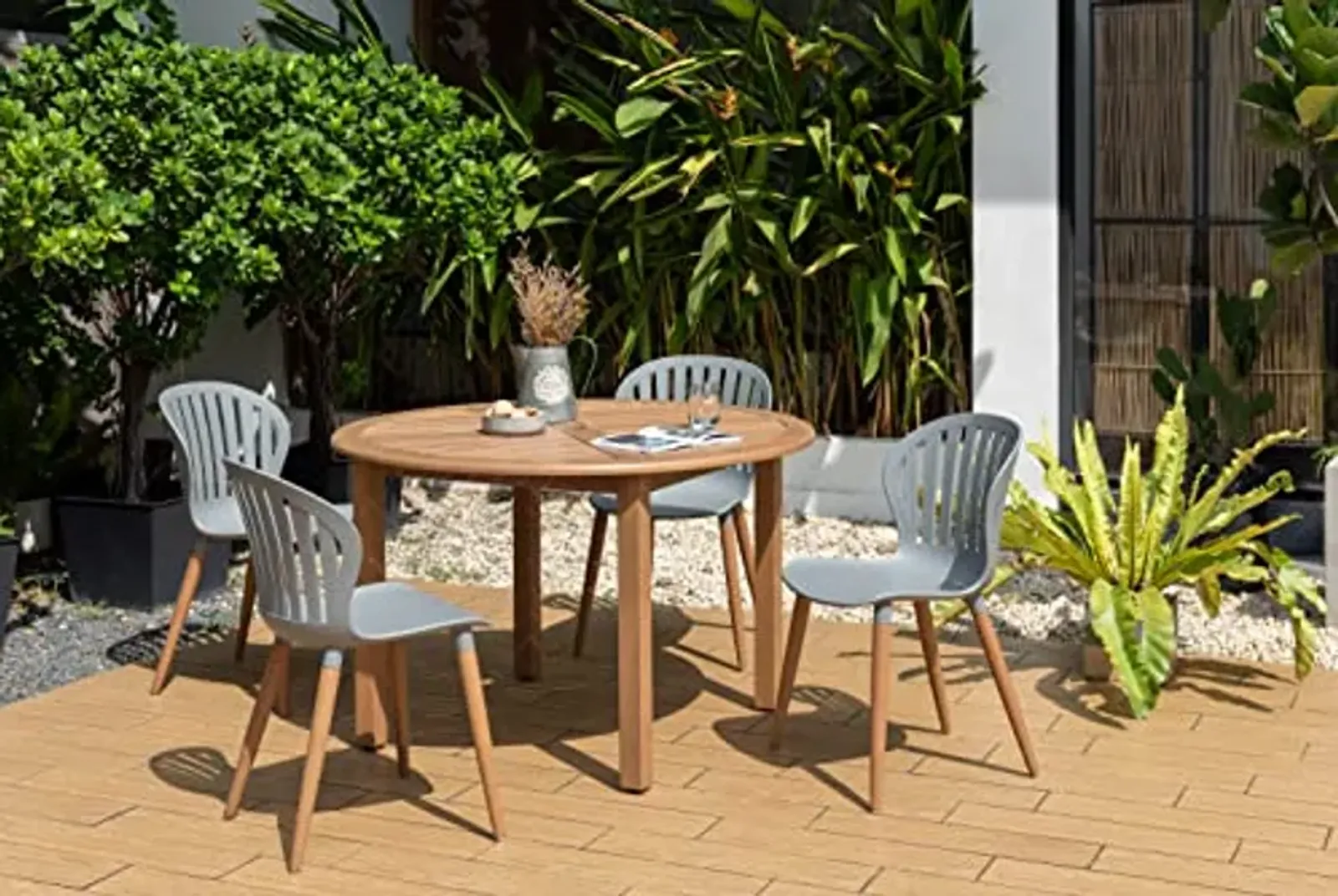 Brampton | Ideal for Patio and Outdoors, Grey Chairs Volterra 5-Piece Round Dining Set | Teak Finish, Brown