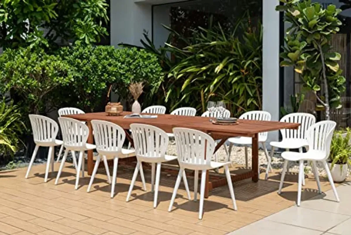 Brampton | Ideal for Patio and Outdoors, Aluminum White Chairs Tolfa 13-Piece Rectangular Extendable Dining Set | Eucalyptus Wood, Brown