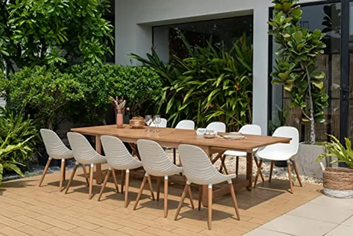 Brampton | Ideal for Patio and Outdoors, White Chairs Frascati 11-Piece Rectangular Extendable Dining Set | Teak Finish, Brown