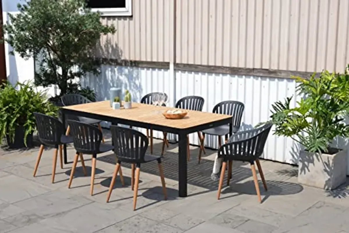 Brampton | Ideal for Patio and Outdoors, Black Chairs Rosia 9-Piece Rectangular Dining Set | Eucalyptus Wood