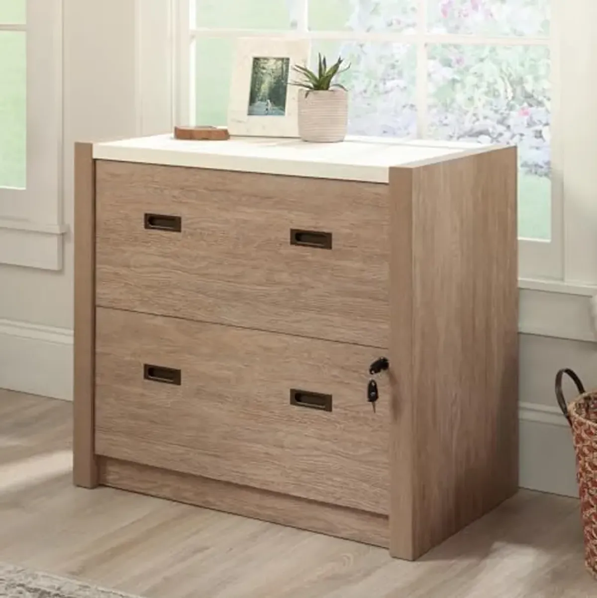 Sauder® Dixon City 33"W x 20"D Lateral 2-Drawer File with Lock, Brushed Oak™ Finish with Pebble White™