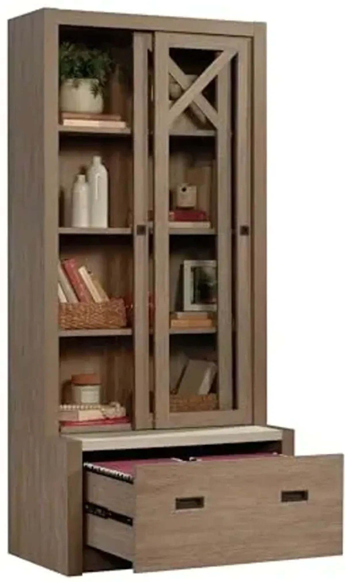 Sauder® Dixon City Library 4-Shelf Bookcase With Sliding Doors And Filing Drawer, Brushed Oak™/Pebble White™