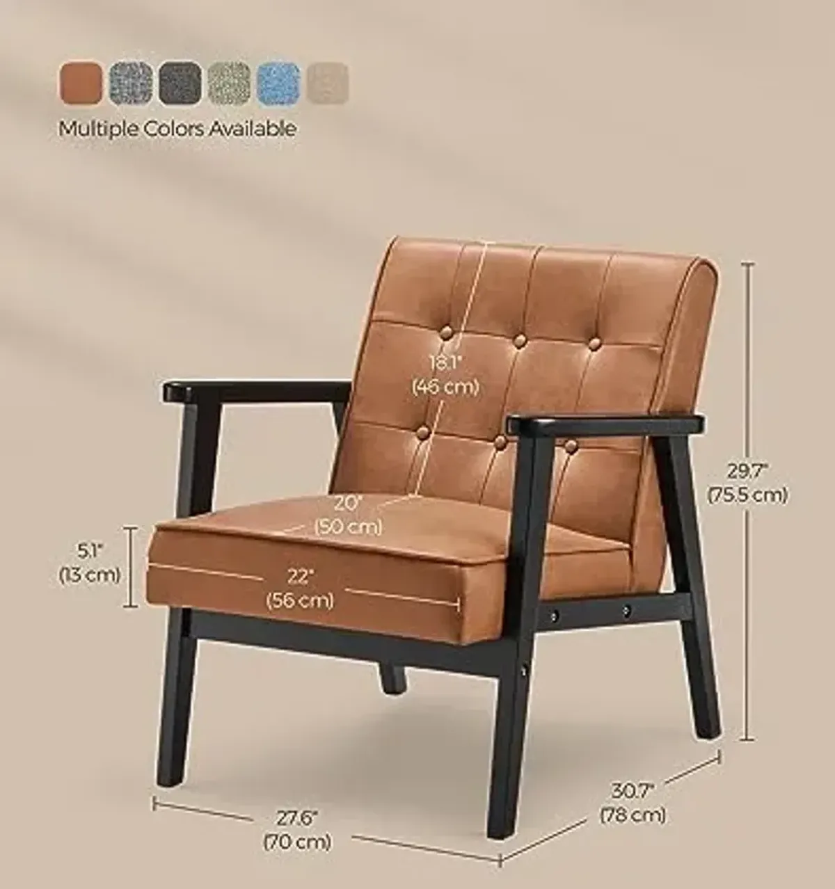 SONGMICS Accent Leisure Chair, Mid-Century Modern Arm Chair with Solid Wood Armrests and Legs, 1-Seat Cushioned Sofa for Living Room Bedroom Balcony Studio, Coffee Brown ULAC001K01