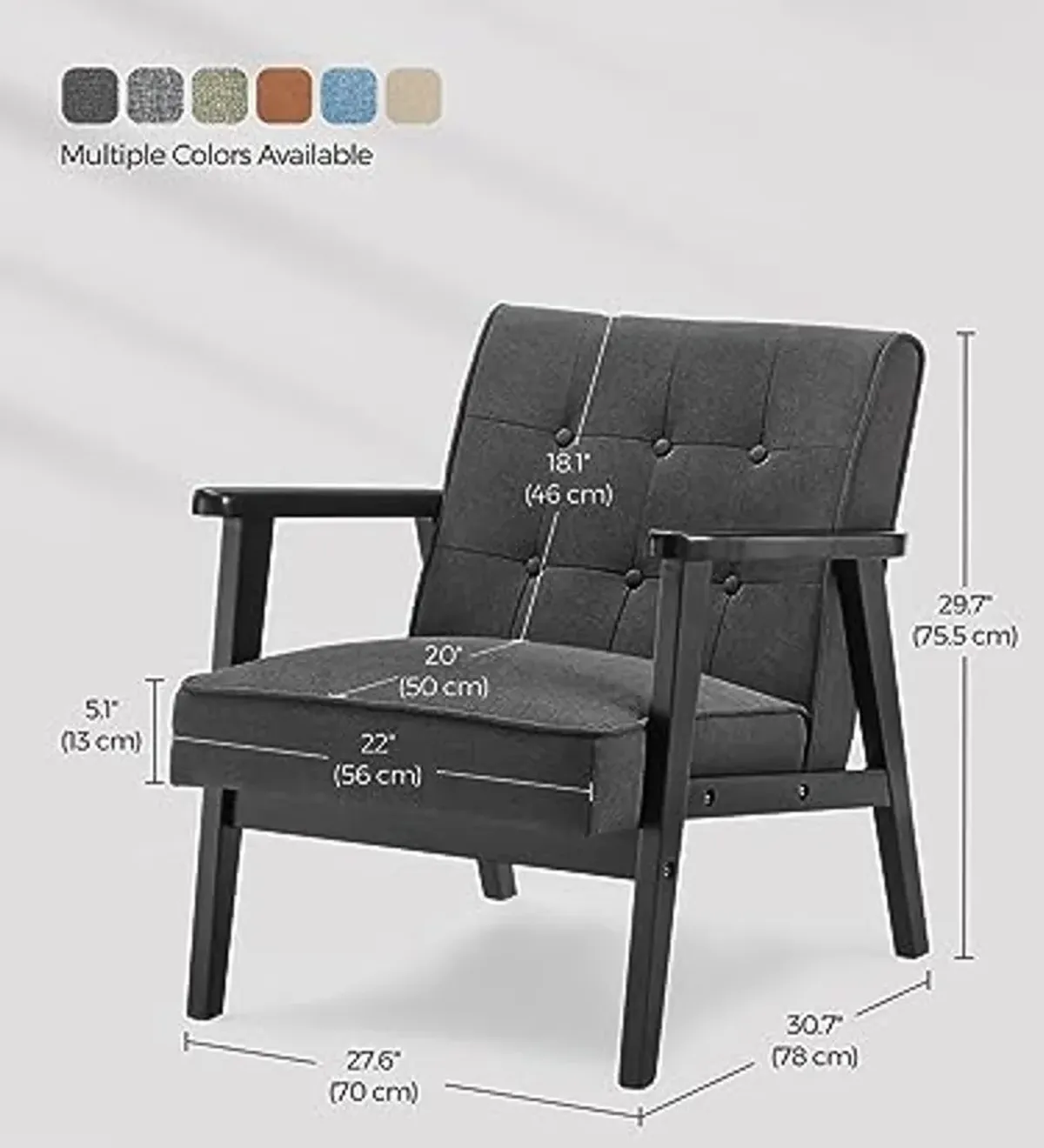 SONGMICS Accent Leisure Chair, Mid-Century Modern Arm Chair with Solid Wood Armrests and Legs, 1-Seat Cushioned Sofa for Living Room Bedroom Balcony Studio, Classic Black ULAC001B01