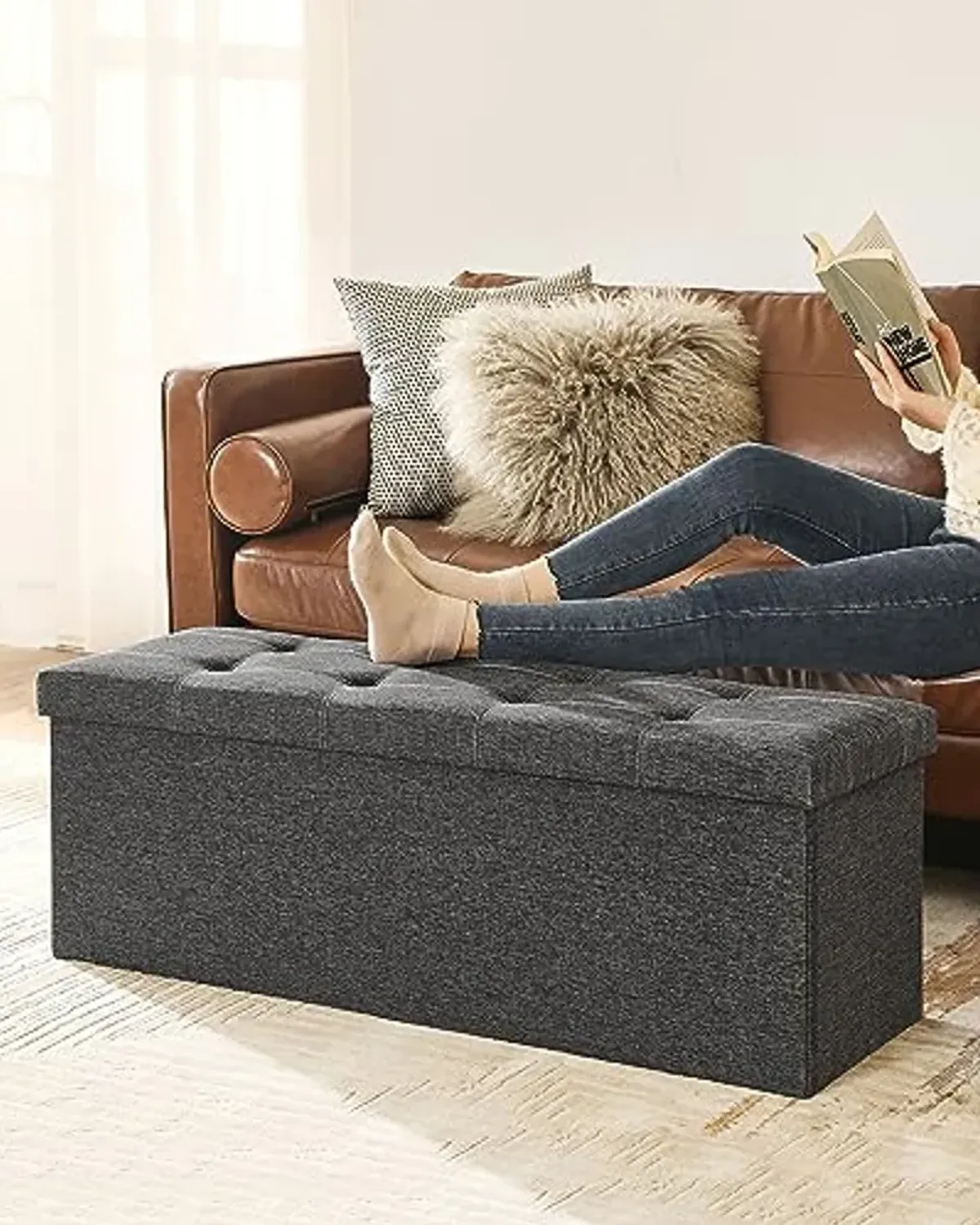 SONGMICS Ottoman Storage Bench, 35 Gal. Folding Chest with Breathable Linen-Look Fabric, Holds 660 lb, for Entryway, Living Room, Bedroom, Dark Gray ULSF077G04