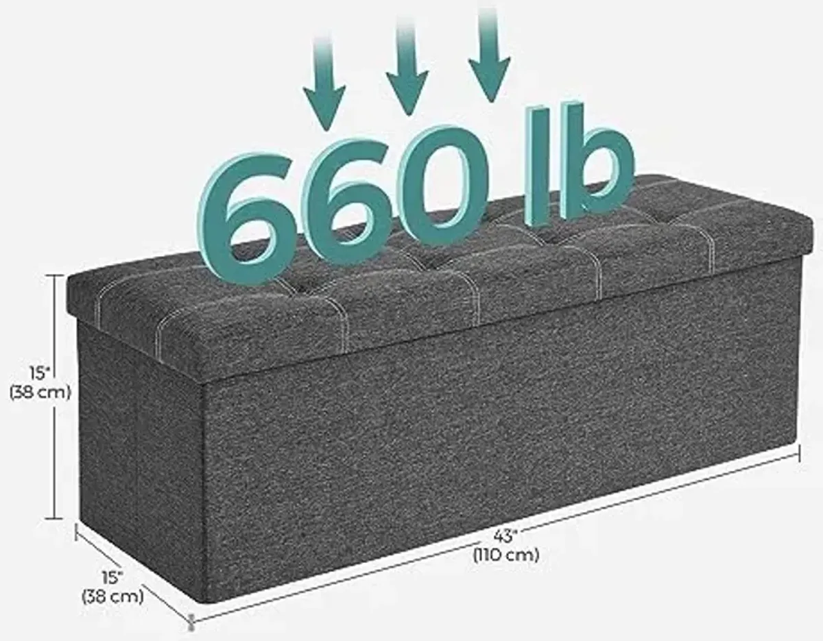 SONGMICS Mazie Collection - 43 Inches Ottoman Storage Bench, 35 Gal. Folding Chest with Breathable Linen-Look Fabric, Load up to 660 lb, for Entryway, Living Room, Bedroom, Dark Gray ULSF077G04