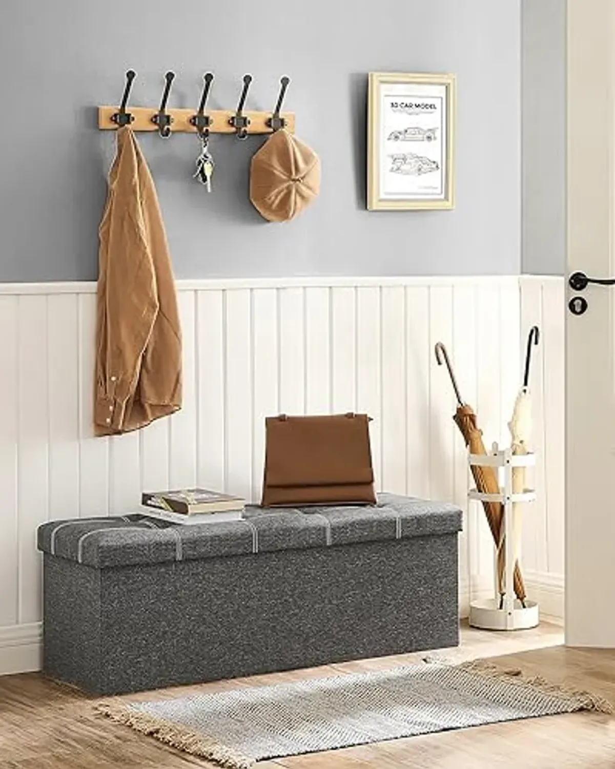 SONGMICS Ottoman Storage Bench, 35 Gal. Folding Chest with Breathable Linen-Look Fabric, Holds 660 lb, for Entryway, Living Room, Bedroom, Dark Gray ULSF077G04