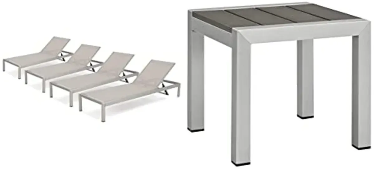 Christopher Knight Home Cape Coral 4-Piece Outdoor Lounge Chair Set + Modway Shore Aluminum Outdoor Side Table in Silver Gray