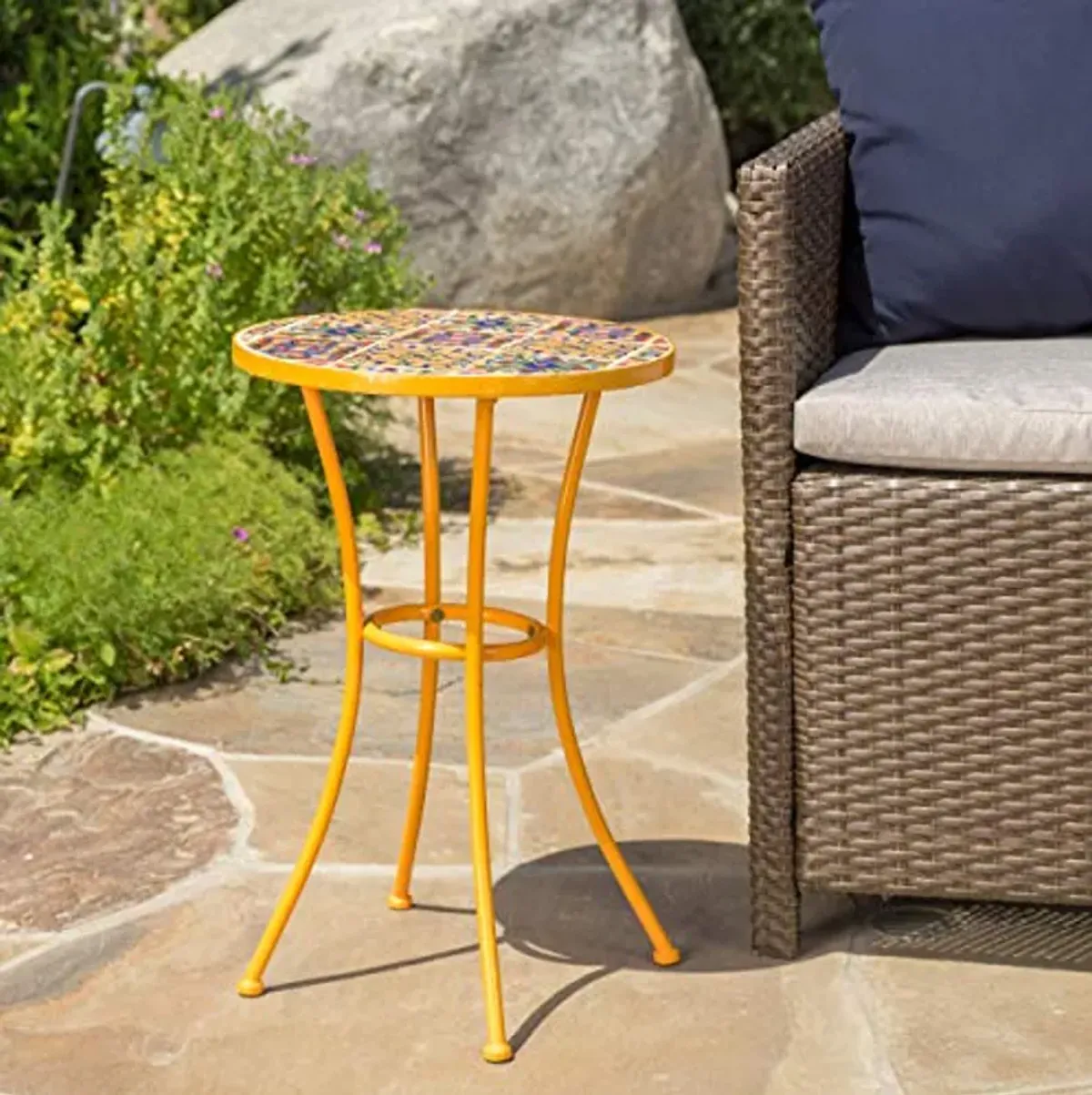 Christopher Knight Home Iris Outdoor Ceramic Tile Side Table with Iron Frame, Blue/Green & Barnsfield Outdoor Ceramic Tile Side Table with Iron Frame, Yellow