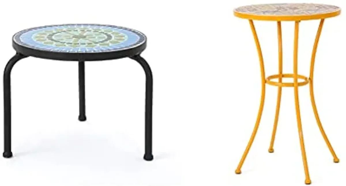 Christopher Knight Home Iris Outdoor Ceramic Tile Side Table with Iron Frame, Blue/Green & Barnsfield Outdoor Ceramic Tile Side Table with Iron Frame, Yellow